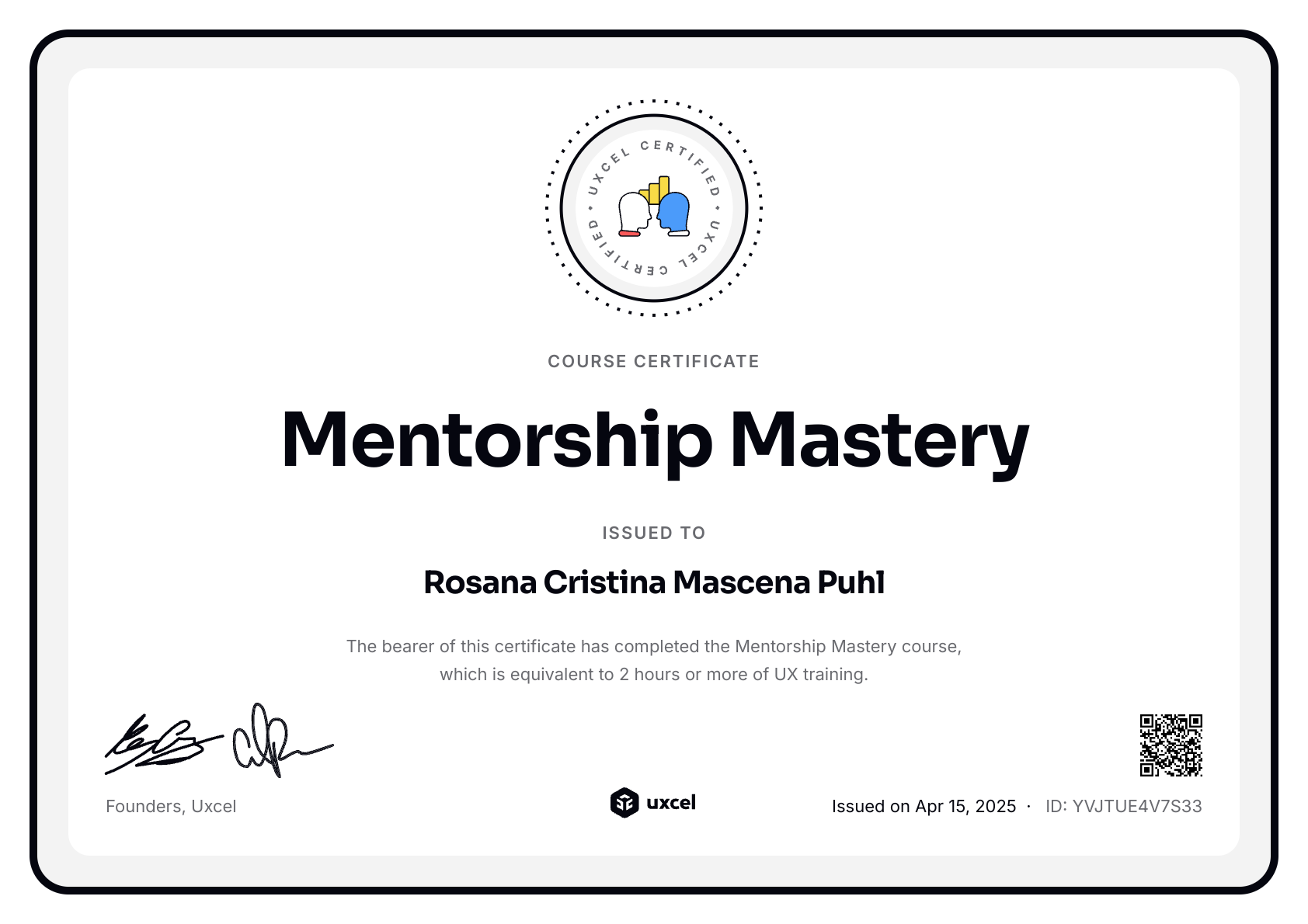 Rosana Cristina Mascena Puhl's certificate